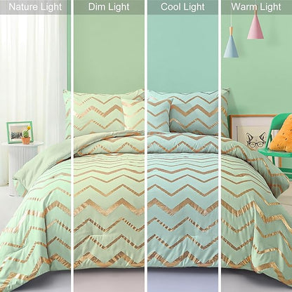 Sage Green/Gold Comforter Set Queen, Metallic Print Glitter Bedding Set Cute Shinny Bed Sets for Teen Girls Kids Women, 4 Piece (2 Pillowcases, 1 Decorative Pillow Sham)