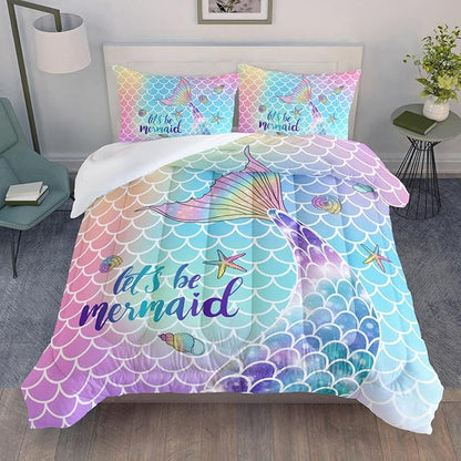 Datura home Bedding Comforter Set Rainbow Scales Mermaid Printed Pattern Bedding Set with 1 Comforter and 2 Pillowcases for Girls Bedroom All Season(Rainbow Scales Mermaid Queen), 90x90inches