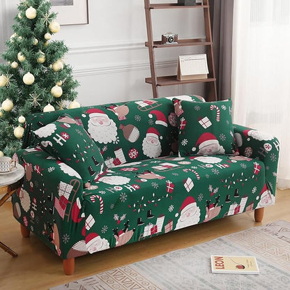 Mybedsoul Christmas Printed Sofa Cover Santa Claus Elastic Couch Cover Machine Washable Christmas Theme Red Sofa Slipcover for Living Room(3 Seater)