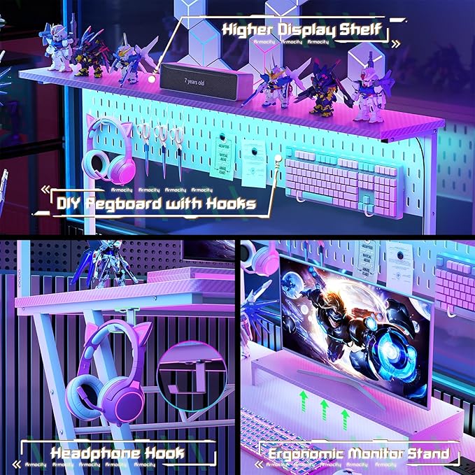 Pink Gaming Desk with Hutch and LED Lights, 55" Computer Desk with Storage Shelves, Reversible PC Gaming Desk with Pegboard, Gaming Table Gamer Desk for Bedroom, Carbon Fiber Pink