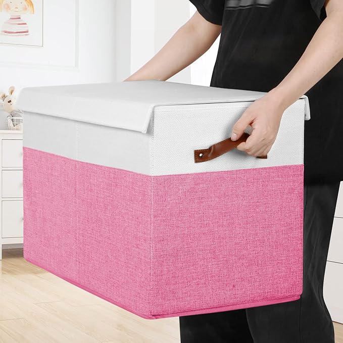 Large Toy Storage Box with Lid, Sturdy Toys Storage Chest Bin Organizer Basket with Dividers for Kids, Boys, Girls, Nursery, Closet, Bedroom, Playroom 25"x13" x16" (Pink and White)