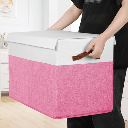 Large Toy Storage Box with Lid, Sturdy Toys Storage Chest Bin Organizer Basket with Dividers for Kids, Boys, Girls, Nursery, Closet, Bedroom, Playroom 25"x13" x16" (Pink and White)