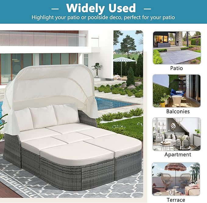 Rectangle Furniture Daybed Sunbed with Retractable Canopy, Outdoor Wicker Conversation Set with Cushions for Patio, Backyard, Porch, Garden, Hc-Beige