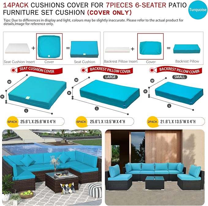 ClawsCover 14Pack Outdoor Patio Seat and Back Cushions Replacement Covers Fit for 7Pieces 6-Seater Wicker Rattan Sectional Couch Chair Furniture Set,Turquoise-Include Cover Only (Large)