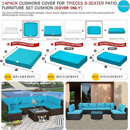 ClawsCover 14Pack Outdoor Patio Seat and Back Cushions Replacement Covers Fit for 7Pieces 6-Seater Wicker Rattan Sectional Couch Chair Furniture Set,Turquoise-Include Cover Only (Large)