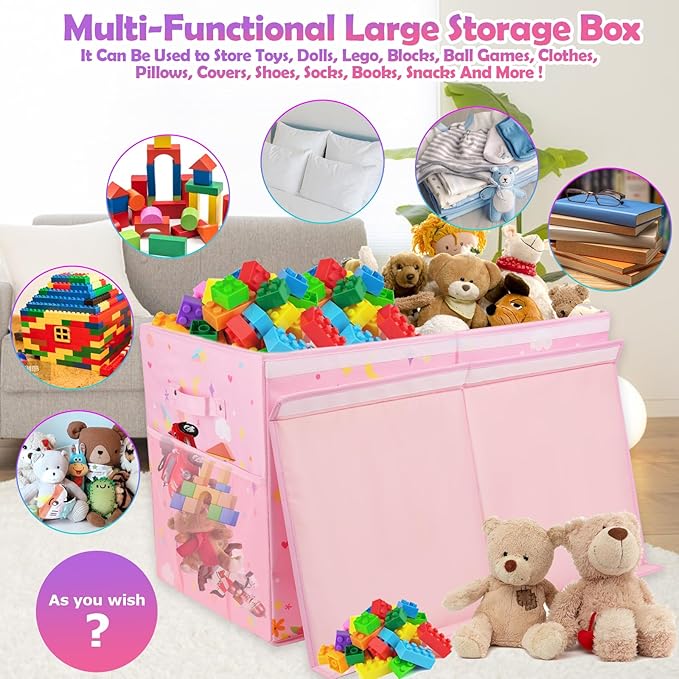 Large Toy Box Chest, Collapsible Sturdy Toy Storage Organizer for Kids, Boys, Girls, 25"x13"x16" Toy Chest Storage Bins with Lids Toy Bins Baskets Boxes for Living Room, Playroom, Nursery, Pink