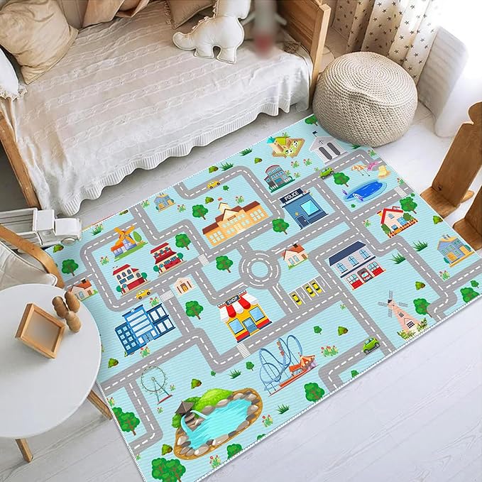 Kids Car Rug, 3' 3" x 5' 3" City Life Traffic Road Playmat for Toy Cars Trains, Non-Slip Race Track Carpet Educational Fun Area Rugs for Boy and Girl Bedroom Nursery