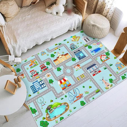 Kids Car Rug, 3' 3" x 5' 3" City Life Traffic Road Playmat for Toy Cars Trains, Non-Slip Race Track Carpet Educational Fun Area Rugs for Boy and Girl Bedroom Nursery