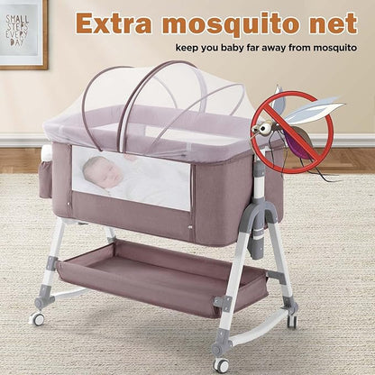 4 in 1 Baby Bassinet, Rocking Bassinets Bedside Sleeper with Comfy Mattress and Wheels, Height Adjustable Easy Folding Portable Bedside Crib for Newborn Infant,Khaki