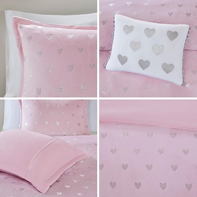 Mi Zone Rosalie Comforter Set for Girls, Ultra-Soft Microlight Plush Metallic Printed Hearts Brushed Reverse Overfilled Down Alternative Hypoallergenic All Season, , Full/Queen, Pink/Silver, 4 Piece