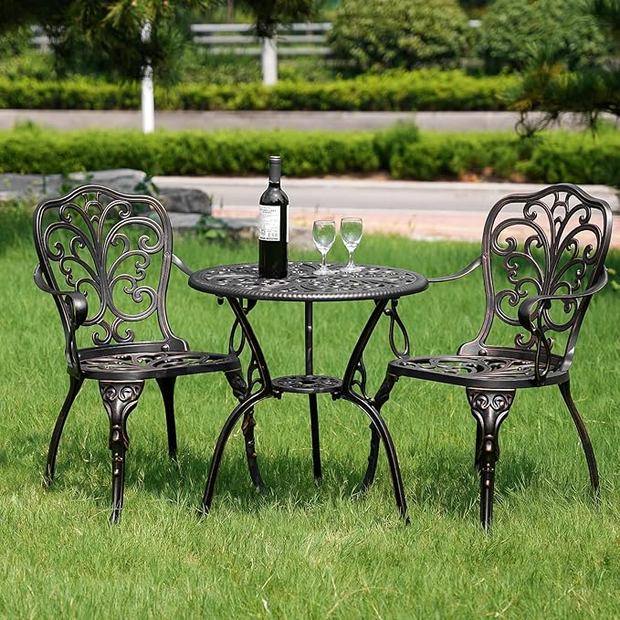 3 Piece Patio Furniture Dining Set Aluminum Patio Bistro Set Outdoor Furniture with Umbrella Hole for Yard, Balcony, Bronze