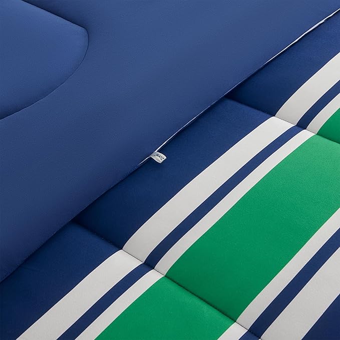 SLEEP ZONE Teens Boys Green Navy Stripe Kids Jersey Knit Comforter Set, Cute & Soft Bedding Set 2 Pieces with Comforter and Pillowcase, Washable, Easy Care (Rugby Stripe Navy/Green, Twin)