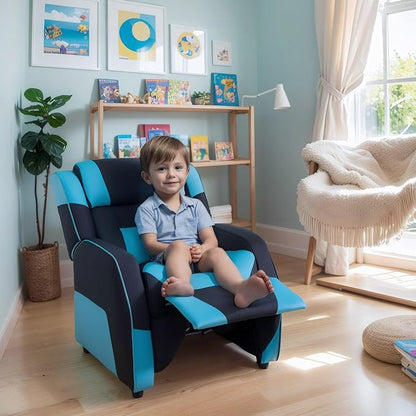 RACER Larger Kids Gaming Chair Leather Recliner Sofa Children Ages 3-12, BlackBlue