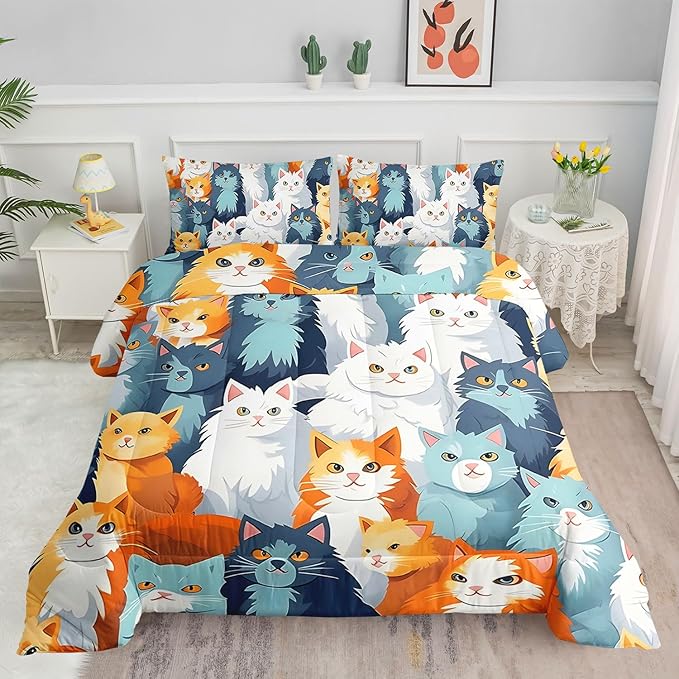 Datura home Kids Comforter Set Cute Cats Printed Pattern Bedding Set with 1 Comforter and 2 Pillowcases for Girls Boys Bedroom All Season(Cat Queen)