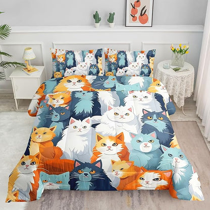 Datura home Kids Comforter Set Cute Cats Printed Pattern Bedding Set with 1 Comforter and 2 Pillowcases for Girls Boys Bedroom All Season(Cat Queen)