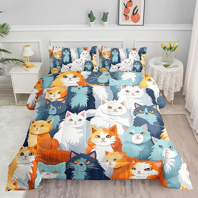 Datura home Kids Comforter Set Cute Cats Printed Pattern Bedding Set with 1 Comforter and 2 Pillowcases for Girls Boys Bedroom All Season(Cat Full)