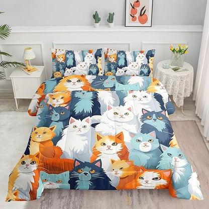 Datura home Kids Comforter Set Cute Cats Printed Pattern Bedding Set with 1 Comforter and 2 Pillowcases for Girls Boys Bedroom All Season(Cat Twin)
