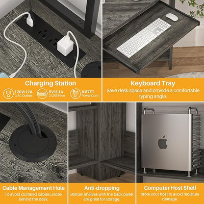 Cyclysio Small Corner Desk with Hutch, Heavy Duty Corner Computer Desk with Power Outlets & LED Light, Triangle Corner Gaming Desk with Keyboard Tray for Home Office, Small Space, Workstation Grey