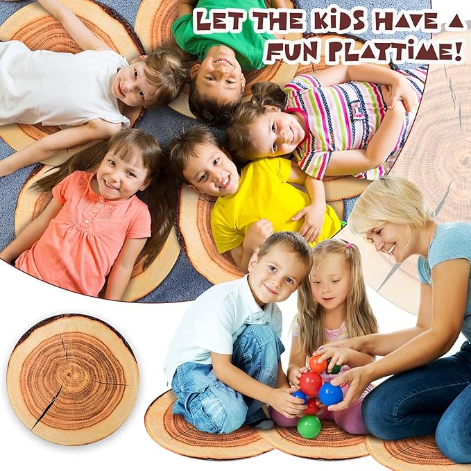 Shellwei 24 Pcs Kids Carpet Circle Seats 18 inch Print Pillow Circle Children's Mats Rug Mats Round Soft Floor Mat for Home School Classroom Story Time Group Activity Play Areas (Tree Stump)