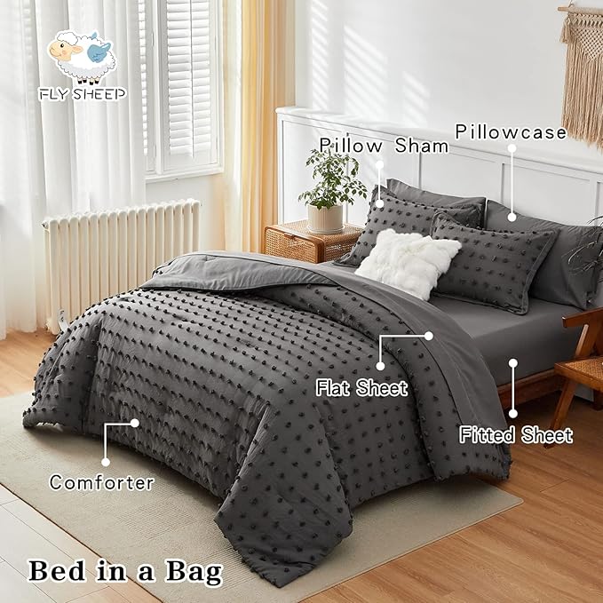 7 Pieces Tufted Dots Bed in a Bag Queen Comforter Set with Sheets Grey , Soft and Embroidery Shabby Chic Boho Comforters, Solid Color with Pom Pom Design, Jacquard Tufts Bedding Set for All Season