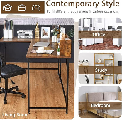LUARANE 65.5 Inches L-Shaped Desk, Industrial Computer Desk with Hutch File Rack, Space Saving Corner Desk with Metal Frame, Computer Workstation for Home Office (Coffee)