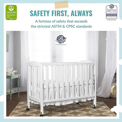 3 in 1 Portable Folding Stationary Side Crib in White, Greenguard Gold Certified, Safety Wheel with Locking Casters, Convertible, 3 Mattress Heights