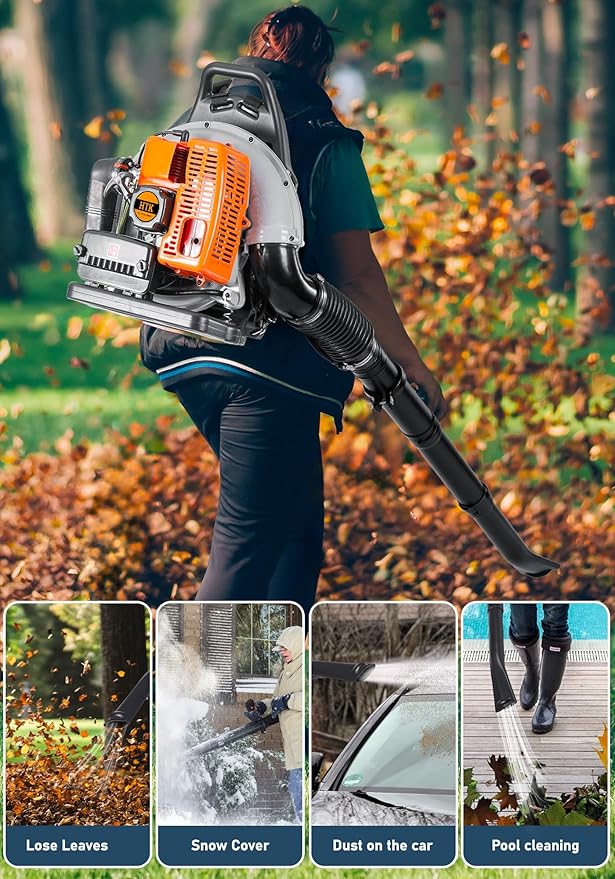 HTK 63CC Gas Backpack Leaf Blower - 2-Stroke Engine, High-Velocity 665CFM, Ergonomic & Low-Vibration, Cruise Control, Ideal for Year-Round Yard Maintenance (63CC Backpack Blower)