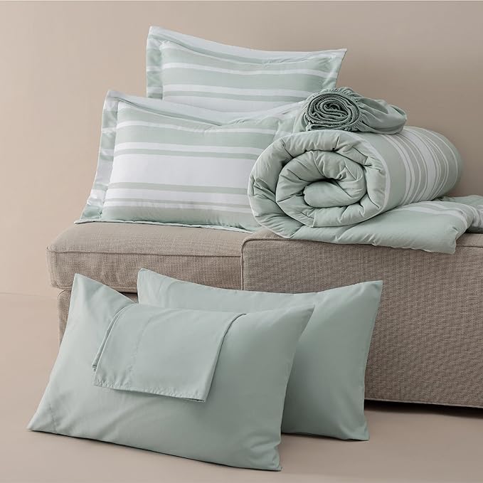 Bedsure Bed in a Bag King Size 7 Pieces, Sage Green White Striped Bedding Comforter Sets All Season Bed Set, 2 Pillow Shams, Flat Sheet, Fitted Sheet and 2 Pillowcases