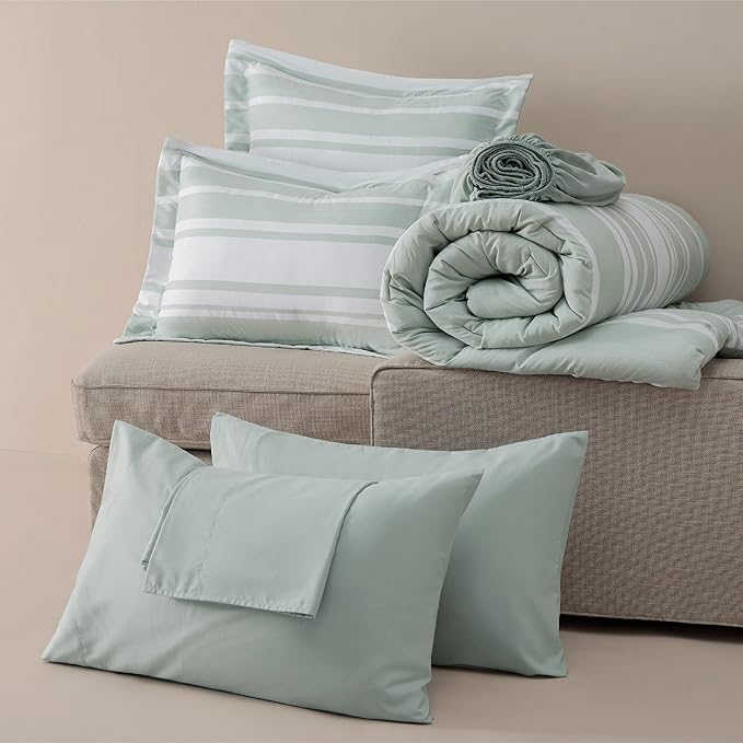 Bedsure Bed in a Bag California King Size 7 Pieces, Sage Green White Striped Bedding Comforter Sets All Season Bed Set, 2 Pillow Shams, Flat Sheet, Fitted Sheet and 2 Pillowcases