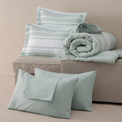 Bedsure Bed in a Bag California King Size 7 Pieces, Sage Green White Striped Bedding Comforter Sets All Season Bed Set, 2 Pillow Shams, Flat Sheet, Fitted Sheet and 2 Pillowcases