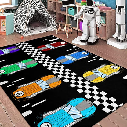 Race Car Area Rug, 47 x 31 in, Low Pile, Handmade, for Boys Room Decor, Black
