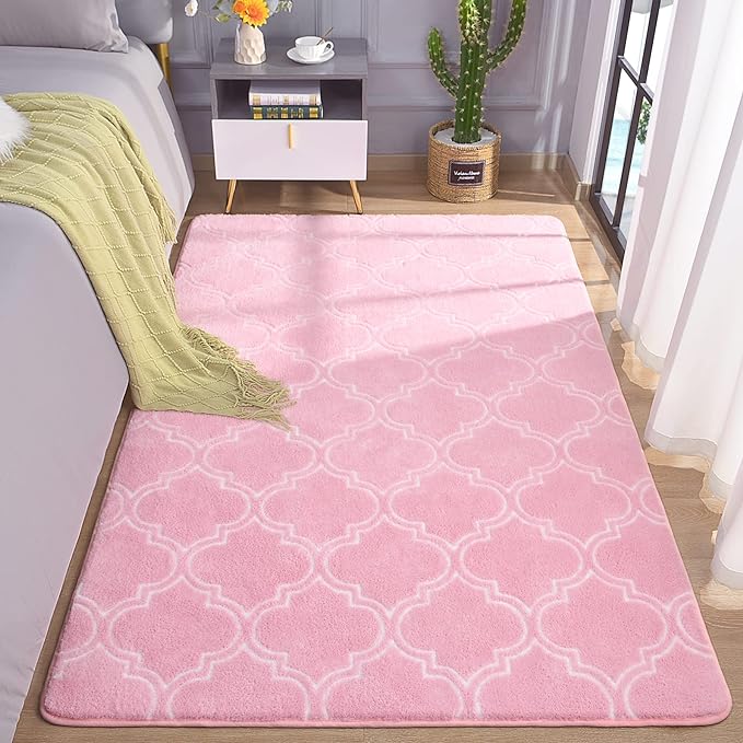 Chicrug Shag Geometric Modern Area Rug for Bedroom, 4x6 Feet Memory Foam Indoor Carpet, Fluffy Rug for Living Room Bedside Room Decor for Family Girls Kids Nursery Play Mat, Pink/White