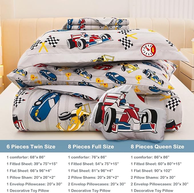 Mooreeke Full Size Comforter Sets for Boys Kids, 8 Pieces Bed in a Bag Racing Car Bedding Comforter Sheet Set with Shams and Decorative Toy Pillow, Ultral Soft Microfiber Kids Bed Set
