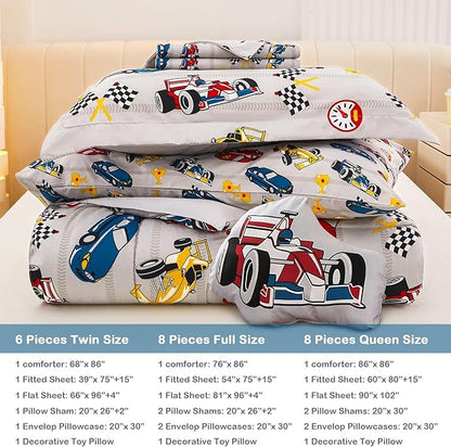 Mooreeke Queen Size Comforter Sets for Boys Kids, 8 Pieces Bed in a Bag Racing Car Bedding Comforter Sheet Set with Shams and Decorative Toy Pillow, Ultral Soft Microfiber Kids Bed Set