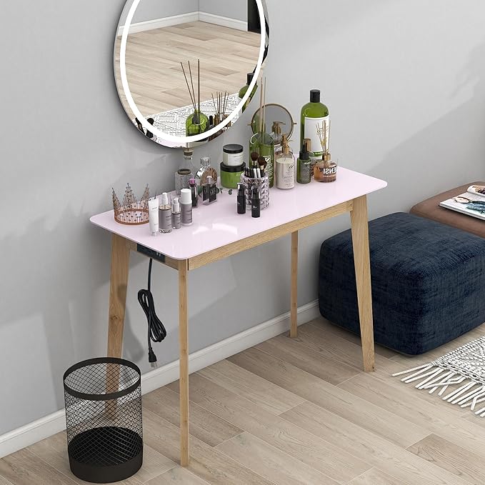 TaoHFE Pink Vanity Table with Rubber Wood Legs Small Spaces Girl Vanity Desk Glossy Pink 39 Inch Makeup Desk with USB Dressing Table No Mirror Computer Desk for Home Modern Vanity Desk for Bedroom
