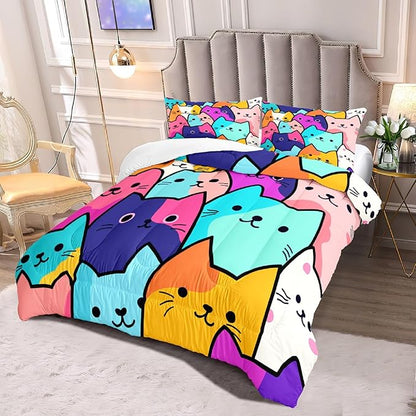 Cat Comforter Set Queen - Queen Size Colorful Cat Comforter Set for Kids Cute Cat Themed Bedding Queen Cartoon Cat Bedding for Girls, 1 Comforter+2 Pillowcases