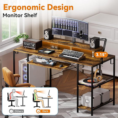 Computer Desk with Keyboard Tray, 55 Inch Music Studio Desk Music Production Desk with Storage Shelves Monitor Stands and 4 Iron Hooks, Desk Workstation Gaming Table for Home Office