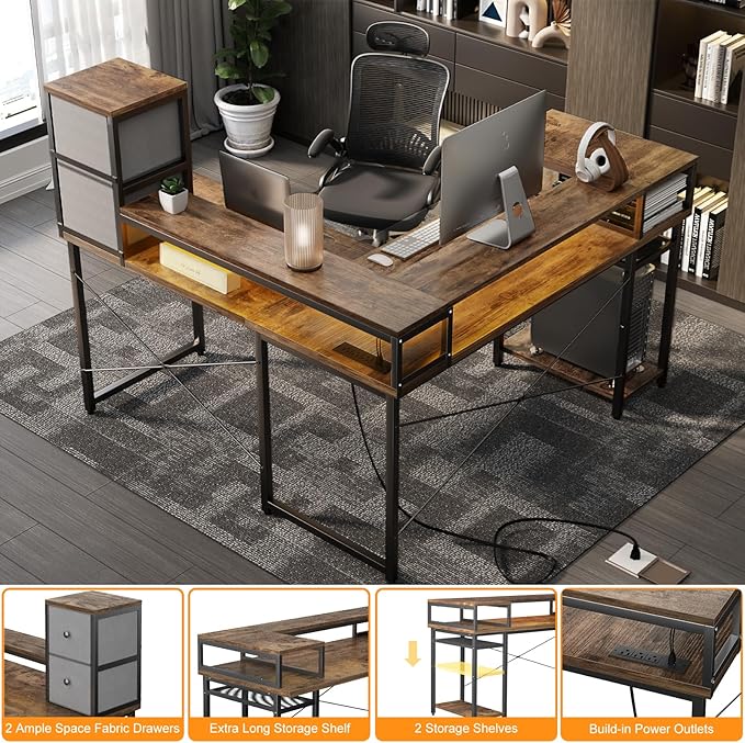 armocity L Shaped Desk with Drawers, Reversible Corner Computer Desk with LED Light & Power Outlet, 55.2'' L-Shaped Gaming Desk with Long Monitor Shelf, Home Office Desk for Small Corner Space, Rustic