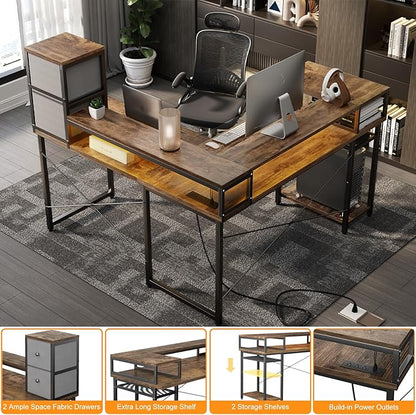 armocity L Shaped Desk with Drawers, Reversible Corner Computer Desk with LED Light & Power Outlet, 55.2'' L-Shaped Gaming Desk with Long Monitor Shelf, Home Office Desk for Small Corner Space, Rustic
