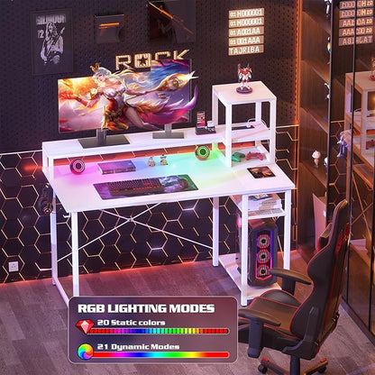 armocity 2024 Upgrade Gaming Desk with LED Lights, Small Computer Desk with Long Monitor Stand, 40'' Reversible Laptop Table with Storage Shelves, Small Desk for Small Spaces, Gaming Room, White