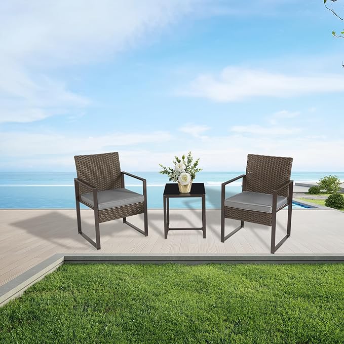 3 Pieces Patio Furniture Set Outdoor Wicker Bistro set Rattan Chair Conversation Sets with Coffee Table for Porch, Balcony,Garden,Backyard and Removable Cushions Grey