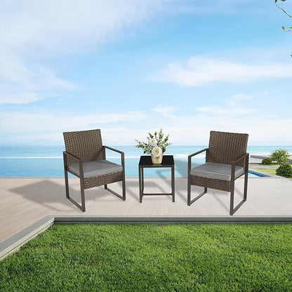 3 Pieces Patio Furniture Set Outdoor Wicker Bistro set Rattan Chair Conversation Sets with Coffee Table for Porch, Balcony,Garden,Backyard and Removable Cushions Grey