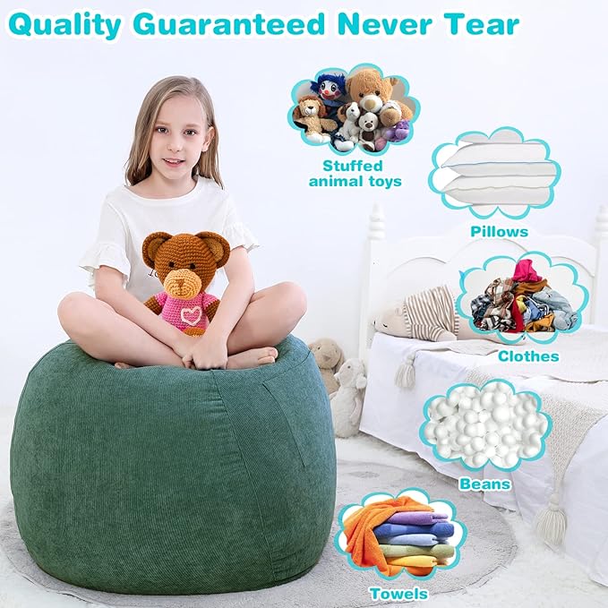 Stuffed Animal Storage Bean Bag Chair Cover (No Filler) for Kids and Adults.Soft Premium Corduroy Stuffable Beanbag for Organizing Children Plush Toys or Memory Foam Small 100L (Green)