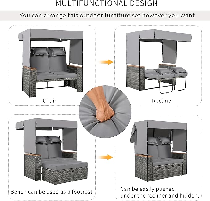Outdoor Conversation, 2-Piece Patio Bench Rattan Roof Set, Effective UV Protection Waterproof Cushions and Adjustable Backrest for Garden, Backyard and Porch, Zg-Grey Wicker + Grey Fabric