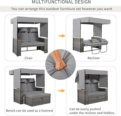Outdoor Conversation, 2-Piece Patio Bench Rattan Roof Set, Effective UV Protection Waterproof Cushions and Adjustable Backrest for Garden, Backyard and Porch, Zg-Grey Wicker + Grey Fabric