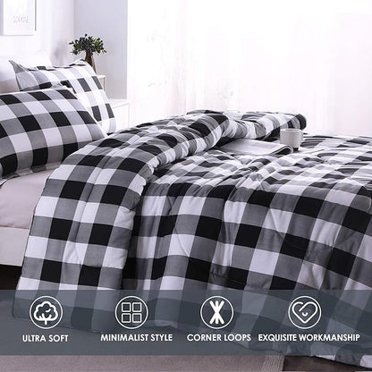 Andency Black Plaid Comforter Set Full Size (79x90 Inch), 3 Pieces (1 Gingham Comforter and 2 Pillowcases), Summer Lightweight Microfiber Buffalo Check Down Alternative Comforter Set