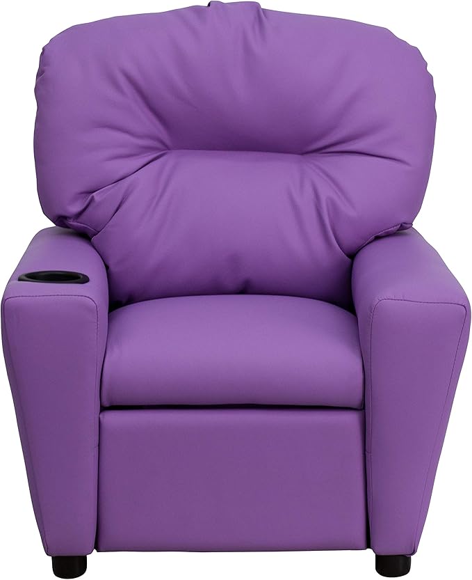 Flash Furniture Chandler Vinyl Kids Recliner with Cup Holder and Safety Recline, Contemporary Reclining Chair for Kids, Supports up to 90 lbs., Lavender