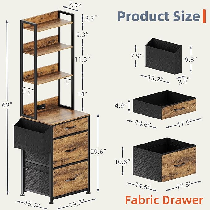 3 Drawer File Cabinet with Charging Station, Fabric Drawer, 4-Tier Tall Filing Cabinet with Adjustable Bookshelf, 69''H File Cabinet for Home Office Fits A4/Letter/Legal, Rustic Brown