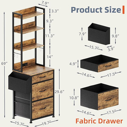 3 Drawer File Cabinet with Charging Station, Fabric Drawer, 4-Tier Tall Filing Cabinet with Adjustable Bookshelf, 69''H File Cabinet for Home Office Fits A4/Letter/Legal, Rustic Brown