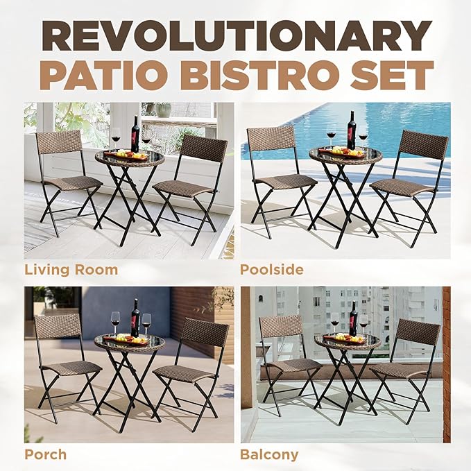 Bistro Set with Round Table, Metal Wicker Design